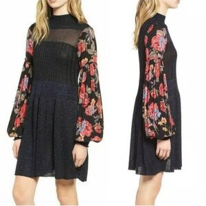 FREE PEOPLE Rose And Shine Sweater Dress Floral Balloon Sleeves Mock Neck sze XS